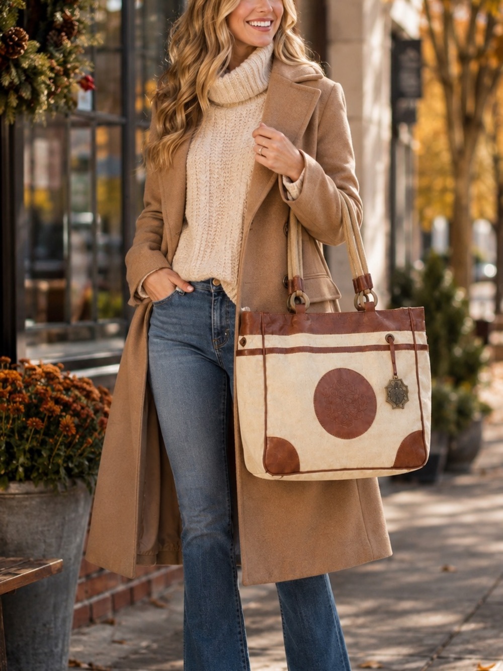 Kate Landry Canvas & Leather Tote Bag Large Boho Chic Rope Handle Jute
